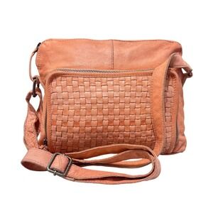 Latico Distressed Salmon Pink Leather Woven Crossbody Bag Adjustable Strap